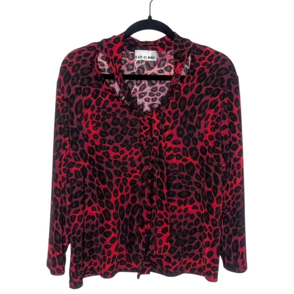 Women's Liz & Me Red & Black Leopard Print Stretch Top, Size 2X